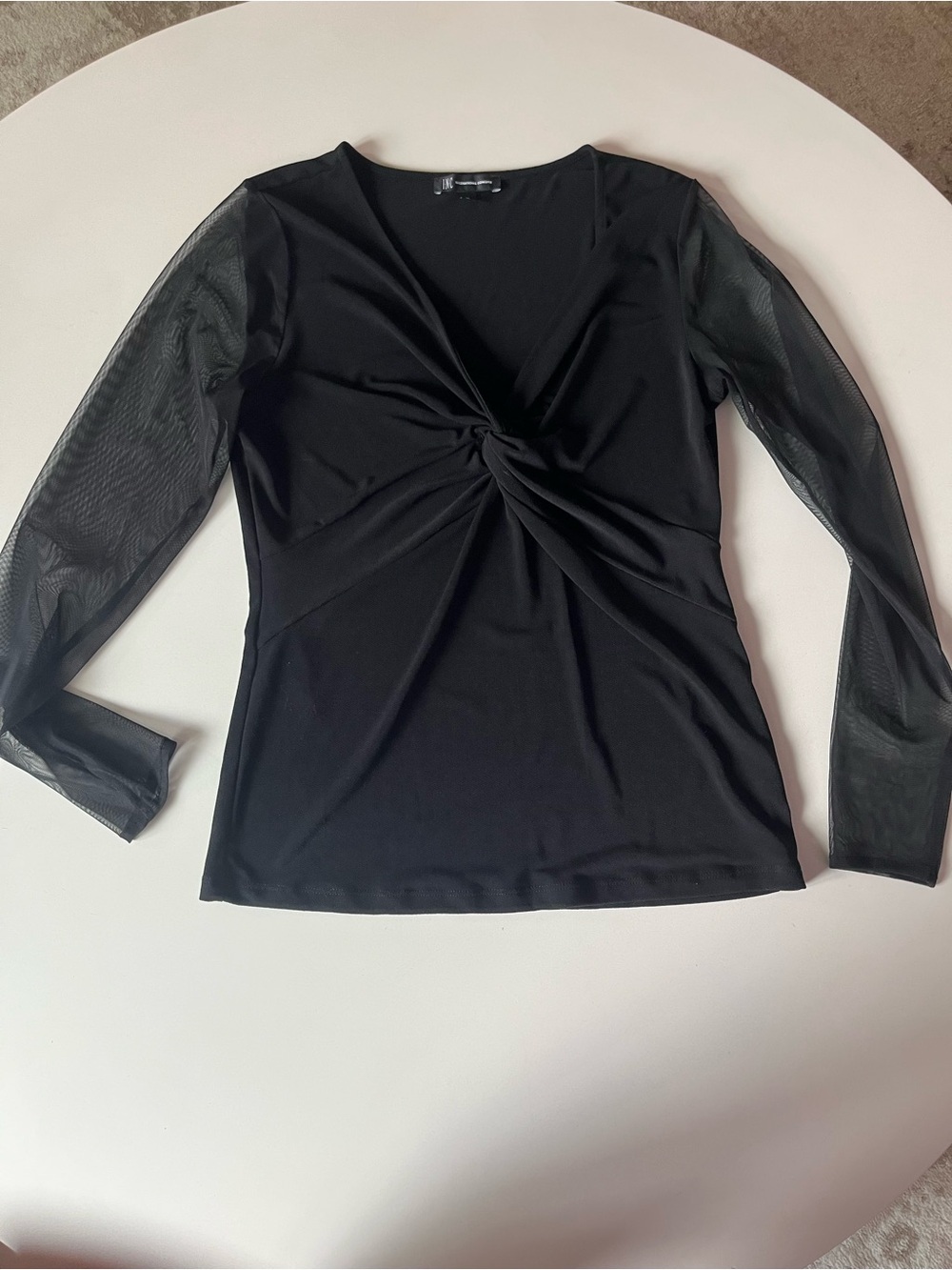 INC Black Twist Front Long Mesh Sleeve Blouse, Size Medium